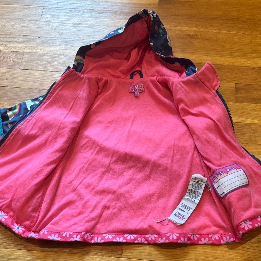 Stephen Joseph Navy Rainbow Hooded Raincoat with Pink Floral Trim - Kids - Picture 3 of 4